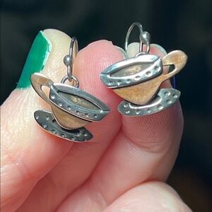 VTG Far Fetched Cappuccino Coffee Teacup Sterling Silver Copper Dangle Earrings